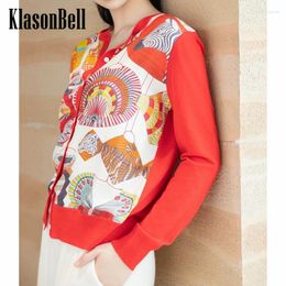 Women's Knits 9.26 KlasonBell Silk Pattern Print Spliced Long Sleeve Single Breasted Thin Wool Knitted Cardigan Women