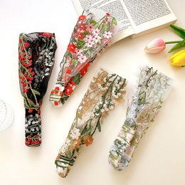 Female Ethnic Hairbands Elastic Embroidery Lace Flower Headband Chiffon Head Wrap Bezel for Women Cross Knotted Hair Accessories