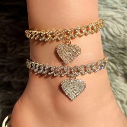 Hip Hop Full Rhinestone Heart Anklets Bracelet for Women Fashion Gold Silver Colour Crystal Miami Cuban Anklet Foot Chain Jewellery