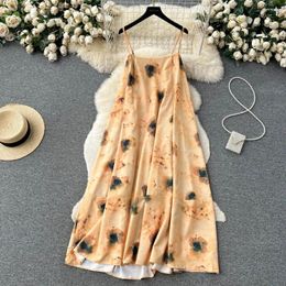 Casual Dresses Summer Beach Vacation Skirt One Line Neck Loose Small Retro Oil Painting Print Strap Dress