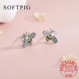 Stud Earrings SOFTPIG Real 925 Sterling Silver Zircon Pearl Bee For Women Cute Animal Fine Jewelry Minimalist Accessories