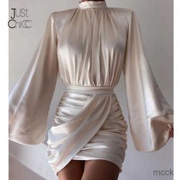 Casual Dresses Justchicc Ruched Satin Dress Women White Latern Sleeves Sexy Party Dress Autumn Night Club Mini Dresses 2021 Vestdios M230411