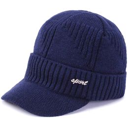 Windproof Fleece Lined Knitted Hat Men Thick Baseball Cap With Brim Unisex Winter Soft Keep Warm Fashion Soild Colour Outdoor Hat