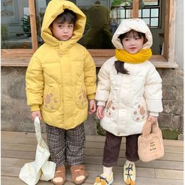 Down Coat Girls' Winter Hooded 1-7 Year Old Boys' Cartoon Print Plush Jacket Thickened Mid Length Beibei Fashion Childr Clothing