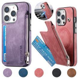 Magnetic Zipper Wallet Leather Case For iPhone 15 14 Pro Max 13 12 For Magsafe Wireless Charging Phone Cases RFID Blocking Card Slot Holder Wallet Bag Cover