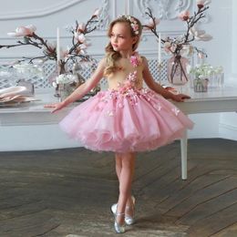 Girl Dresses Pink Flower Dress For Wedding Tulle Puffy Sleeveless Applique Knee Length Kids Princess Birthday Party Pageant Ball Gowns