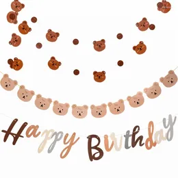 Party Decoration Ins Vintage Cute Brown Bear Paper Garland Happy Birthday Flag Banner Kids Hanging Baby Shower Supplies