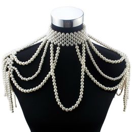 Chokers Long Bead Chain Chunky Simulated Pearl Necklace Body Jewellery for Women Costume Choker Pendant Shoulder Statement Necklace 230410