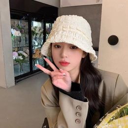 Berets Summer Thin Bucket Hat Women Pleated Plaid Fisherman Hats Solid Colour Female Girl Outdoor Tour Panama Sunscreen Cap