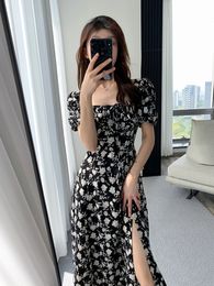 Casual Dresses Vintage French Sexy Bodycon Black Flower Square Collar Office Ladies Midi Chiffon Dress Party Elegant Summer Apparel 230410