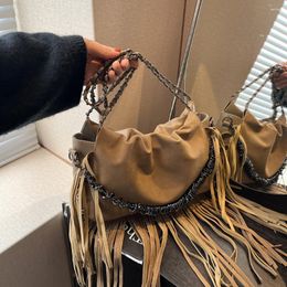 Vintage Suede Leather Chains Single-shoulder Bag Women Casual Holiday Travelling Tassels Crossbody Female Messenger Pack