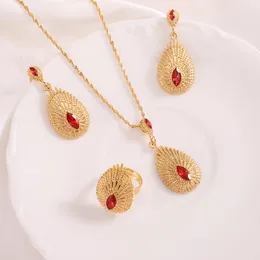 Necklace Earrings Set Fashion Gold Plated Cute Africa Ethiopian Jewellery Rhinestone Earring Ring Pendant Chain Wedding Bridal Gifts