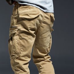 Men's Pants Ankle Length Jogging Pants Men Denim Cotton Pockets Elastic Waist Cargo Pants Men Winter Thick Tactical Pants 230408