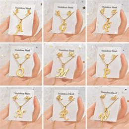 Pendant Necklaces Women Girls Initial Letter Necklace Earrings Set Stainless Steel 26 Letters Pendants Charm Jewellery Wholesale
