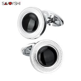 Cuff Links SAVOYSHI Luxury Black Stone Cufflinks for Mens High Quality Silver color Round Carving Pattern Cuff link Gift Brand Men Jewelry 231109