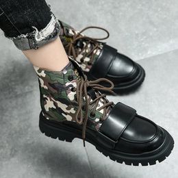 Boots Fashion Camouflage Split Joint Leather Ankle Men Outdoor Street Style Lace Short Man For Work Masculina