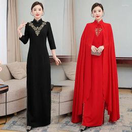 Work Dresses 2023 Autumn Chinese Style High-End Embroidery High-Elastic Dress Cheongsam Shawl Two-Piece Set Women Runway Fashion Clothing