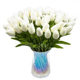 Decorative Flowers 30Pcs Artificial Tulips Real Touch PU Bouquet Latex Flower White (White)