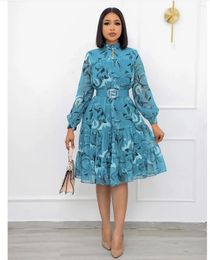 Ethnic Clothing Chiffon Flowy Dresses For Women Button Up High Neck Long Sleeve A Line Knee Length Ruffle Dress With Belt Casual Office Date
