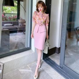 Work Dresses Lace Shawl Lapel Printed Shirt Chain One Step Half Skirt Suits Women's Summer Two Pieces Sets