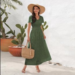 Casual Dresses 2023 European American Spring Summer Women Clothing V-neck Waist Dress Jacquard Long Short-sleeved Holiday Travel Skirt