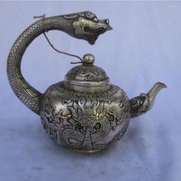 Bottles Collectible Decorated Old Handwork Tibet Silver Carved Dragon Teapot/Flagon 000031