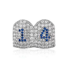 18K White Gold Plated Full Bling CZ Number 14 Grillz Dental Grills Braces Vampire Teeth Hip Hop Personality Women Men Jewelry