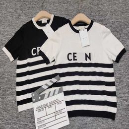 Designer summer women t shirt HH2023 Spring/Summer Trend Casual Black White Stripe Contrast Panel Crew Neck Sleeve T-Shirt Women