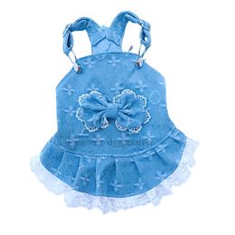 Designer Dog Clothes Brand Dog Apparel Fancy Dog Denim Dress with Classic Jacquard Letter Dog Clothes for Small Dogs Girl Bow Tie Summer Pet Outfit Blue Medium A589
