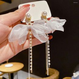 Dangle Earrings Silver Needle Bowknot Pearl Tassel Fabric Ear Jewelry Elegant Beautiful Stylish Charming 2pcs Ladies D88