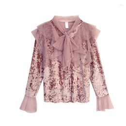 Women's Blouses PERHAPS U Women Pink Black Grey Velvet Solid Bow Collar Button Long Sleeve Ruffle Shirt Blouse B0229