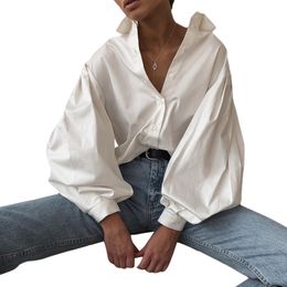 Women's Blouses Shirts Women's solid color shirt lapel collar lantern sleeve button up shirt spring color shirt daily wear 230410