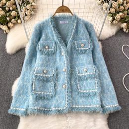 Women's Knits Autumn & Winter Jacket Ladies Fashion Celebrity Temperament V-Neck Tassel Coat Sweater Cardigan Imitation Mink Fleece Top