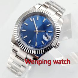 Wristwatches 40mm No Logo Silver White Black Blue Dial Luminous Marks Solid Case Date Window Sapphire Glass Automatic Mens Watch