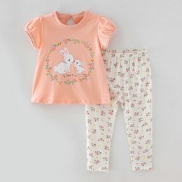 Clothing Sets 100% pure cotton girl rabbit T-shirt leg pants floral children's clothing set summer baby clothing set 230410