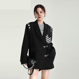Women's Suits Women Blazer Asymmetry Colour Matching Balck White Blazers And Jackets Irregular Loose Grid Suit Coats 2023