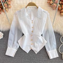 Women's Blouses 2023 Autumn Hong Kong Style V-neck Pleated Stitched Women Chiffon Shirt Girl Waist Close Long Sleeve Short Top