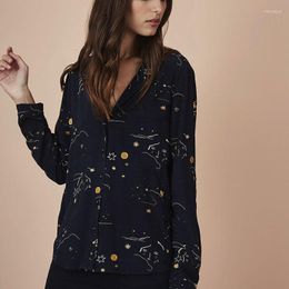 Women's Blouses Women Shirt Starry Moon French Style Autumn Fashion Print Slim Suit Collar