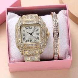 Wristwatches Smvp 2PCS Set Luxury Square Full CZ Watch Women's Bracelet Fashion Casual Clock