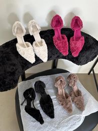 Sandals Pointed Toe Women 2023 Arrivals Thin High Heels Fur Design Elegant Pink Rose White Khaki Ankle Strap Summer