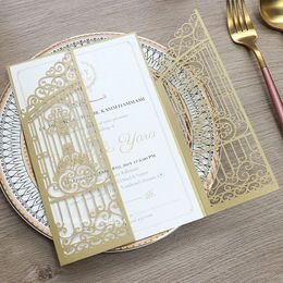 Greeting Cards 50pc Brown Sweetheart Laser Cut Wedding Invitation Card Love Door Gate Marriage Invitations with Printable Insert and Envelope 231110