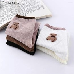 Women Socks Kawaii Breathable Female Animal Embroidery Cartoon Bear Cotton Hosiery Middle Tube