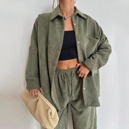 Women's Two Piece Pants Autumn Winter Casual Suits Women Fashion Single-breasted Shirt And High Waist Set Elegant Corduroy Solid Outfits