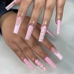 False Nails 24pcs Ins Ballet Pink Super Long Heart Design Fake Finished Wearable Press On Square With Rhinestones