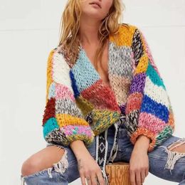 Women's Knits Boho Inspired Patchwork Cardigan Women Open Stitch Long Sleeve Thick Warm Sweater Autumn Winter Coat Outwear