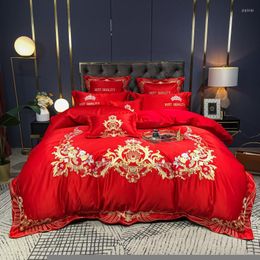 Bedding Sets European Golden Embroidery Set Luxury Red Satin Cotton Wedding Quilt/Duvet Cover Bedspread Bed Sheet Pillowcases