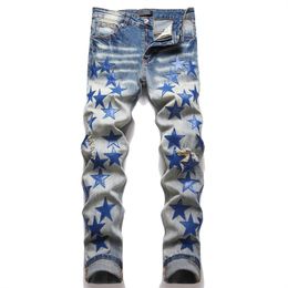 Jeans per uomo firmati Jeans da uomo stella bianca Pantaloni firmati di abbigliamento Azzurro da uomo Jeans slim denim dritto da motociclista Jeans hip-hop da uomo