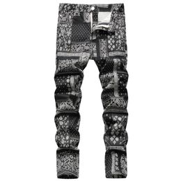 Men's Jeans Men Paisley Bandanna Printed Fashion 3D Digital Painted Stretch Denim Pants Slim Straight Black Trousers234t