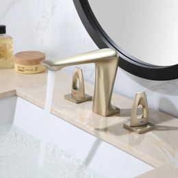 Bathroom Sink Faucets Luxury Brushed Gold Solid Brass Faucet Top Quality Three Holes Two Handles Basin Mixer Tap Art Design