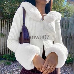 Women's Sweaters Autumn Winter Ribbed Knitted Cardigans Sweaters with Fur Trim Collar Long Sleeve Slim Jumpers Women Knitwear Lady Chic Sweaters J231110